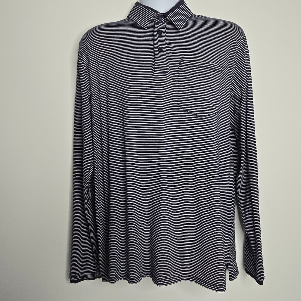 Coolibar Mens Merrit Pocket Polo Shirt Large UPF 50+ Navy Blue Stripe Bamboo L/S